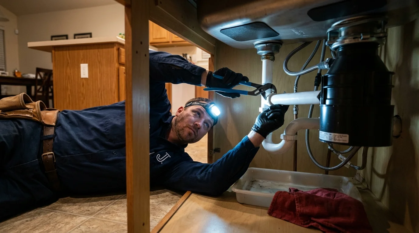 P-trap and supply line connections under a kitchen sink showing a common leak point in Varnville, SC